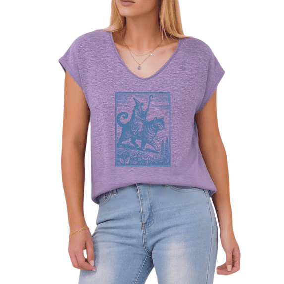 Giffimy Women's Wizard Riding Cat Print Purple S-5XL V-Neck Sleeveless T-Shirt Fantasy Cat Lover Tank Top