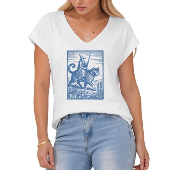 Giffimy Women's Wizard Riding Cat Print White S-5XL V-Neck Sleeveless T-Shirt Fantasy Cat Lover Tank Top