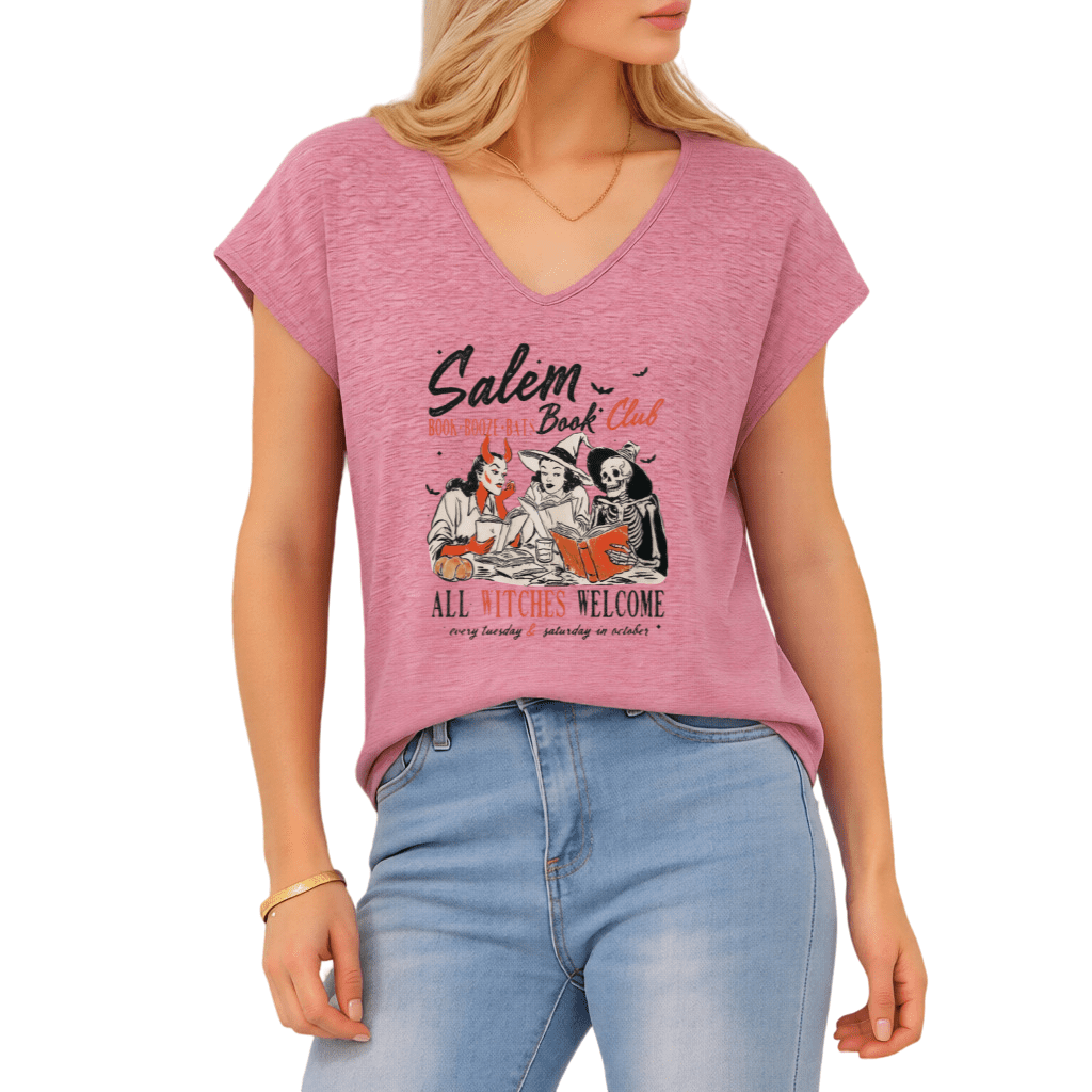 Red Rosa Book Giffimy Womens Salem Book Club Graphic Tee All Witches Welcome V Neck ...
