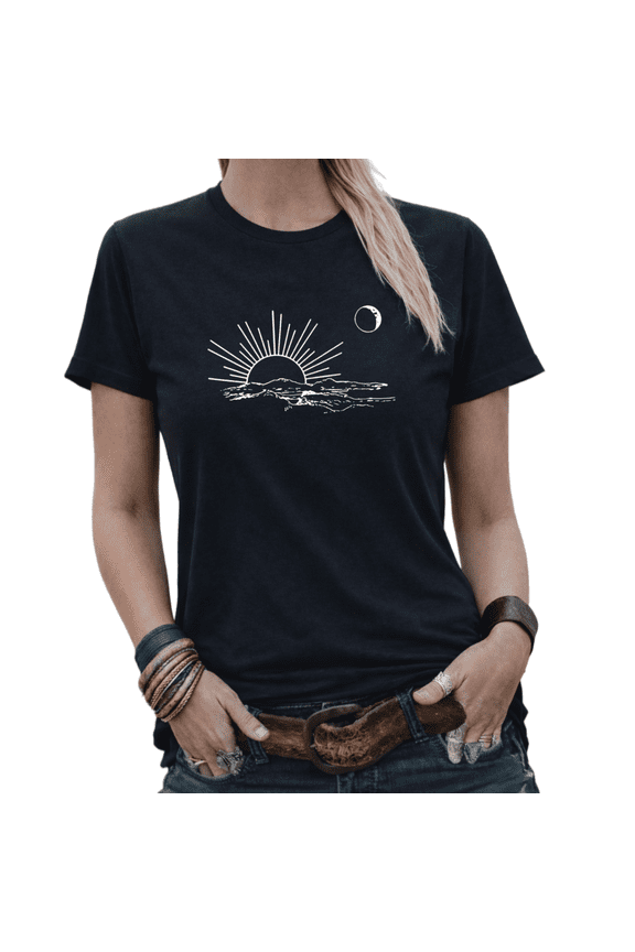 Womens Watercolor Crescent Moon Print Tshirt Celestial Graphic Tees White/Black S-5XL Tops