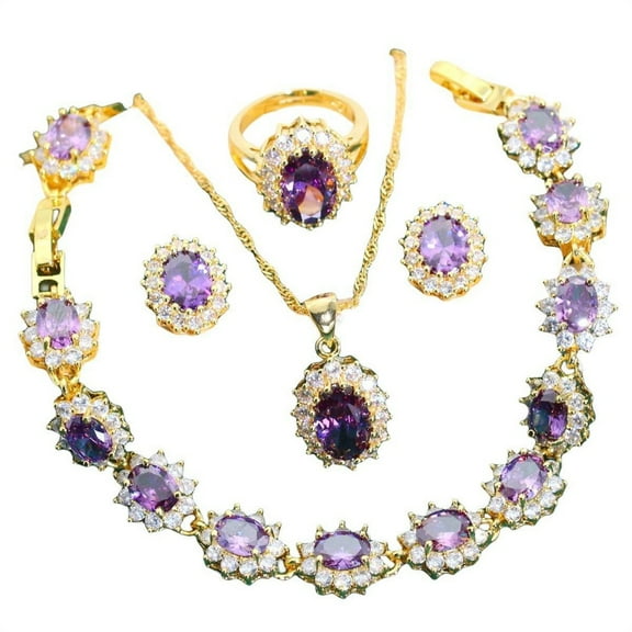 Giffor 5pcs Elegant 18K Plated Gold Jewelry Set For Women,Stud Earrings, Bracelet,Rings And Necklace Set,For Weddings,Party,Birthday Gifts