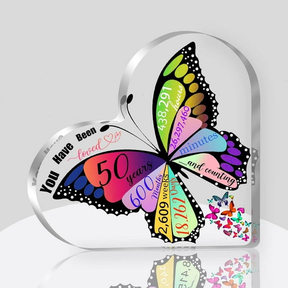 Gift for 50 Year Old Acrylic Heart Keepsake 50th Birthday Gifts for Women, 50 Birthday Decoration Butterfly Desk Sign, 50th Birthday Gift Ideas for Mom Wife Grandma nana Friends, Christmas Ornament