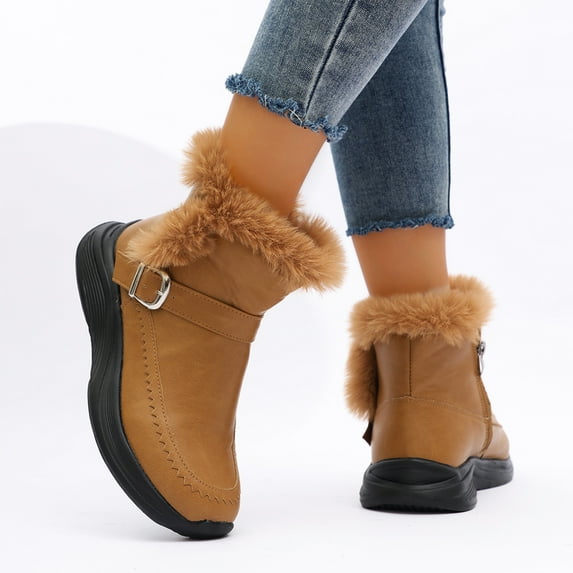 Gift for Adults Women Ankle Boots Women's Fashion Casual Winter Ankle Boots Solid Color Warm Round Toe Side Zipper Flat Ankle Snow Boots Brown 38