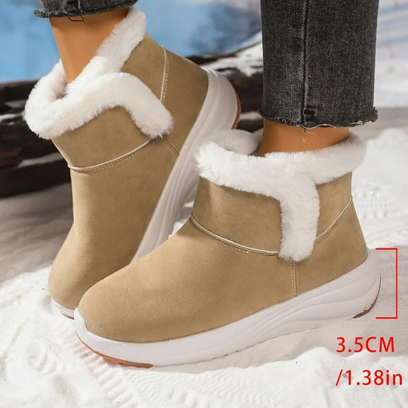 Gift for Adults Womens Ankle Boots Zipper Winter Dress Shoes Women's Fashionable Casual Winter Plus Velvet Warm Short Boots Solid Color Round Toe Thick Bottom Flat Ankle Boots Khaki 42