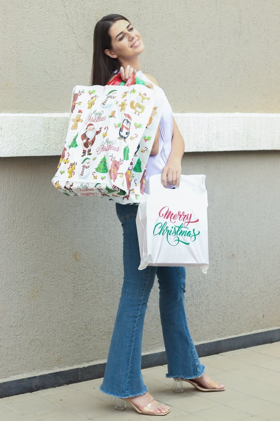 Gift Bag 18x18 Christmas, Holiday Plastic Bag for White Xmas Gift Wrapping & Reusable Shopping Bag - 100 Pcs Infinite Pack