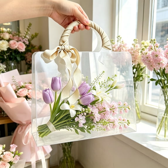 Gift Bag, Clear PVC Tote, Reusable Flower Holder, Shows Gifts Clearly and Blocks Moisture for Wedding Favor, Birthday Gift, and Bridal Shower.