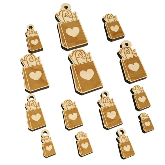 Gift Bag Heart Present Wood Mini Charms Shapes DIY Craft Jewelry - With Hole - 14mm (26pcs)