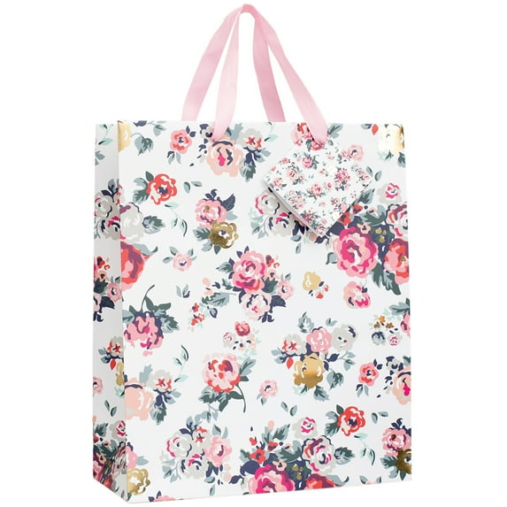 Gift Bag W/Ribbon Handles & Gift Card 12"X10"X5" Vintage Floral W/Gold Foil