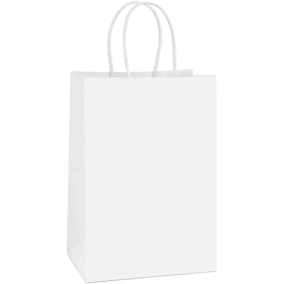 Gift Bags 100Pcs 5.25x3x8 Small Kraft Paper Gift Bags with Handles Bulk, White Paper Sacks for Wedding Birthday Party favor, Retail, Merchandise, Small Grocery