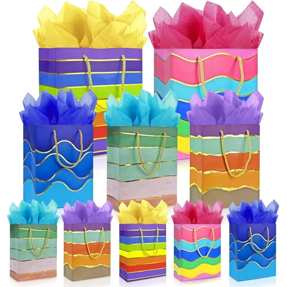 Gift Bags Assorted Sizes and Designs with Handle and Tissue Paper Birthday Gift Bags Rainbow for Birthday Bag Party Baby Shower Wedding Holiday Presents (Striped, 10)