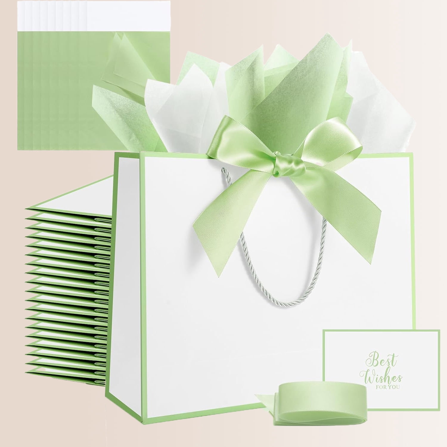 Gift Bags with Handles, Includes Tissue Papers, Bows, Ribbons & Cards for Weddings, Bridesmaids, Birthdays, Thank You, Easter, Mother's Day, Holidays (White and sage green)