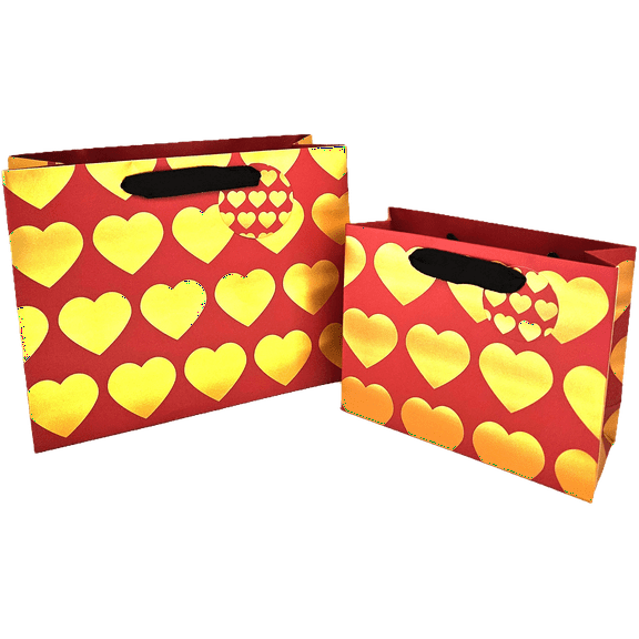 Gift Bags Red with Gold Hearts 2 Pack 10x6x4 Inches and 6x4x2 Inches