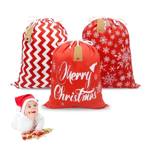 Christmas Gift Bags with Drawstring 20x16 inch, 3pcs Reusable Christmas Wrapping Sacks Cloth Pouches for Xmas Presents Party Favor