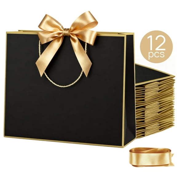 TickJOY 12 Pcs Gift Bags with Handles Medium Size - Birthday Gift Bags 12.6×9.8×4.3 inch for Gift Wrapping and Presenting - Durable, Elegant Design for Birthdays, Weddings & Parties, Black