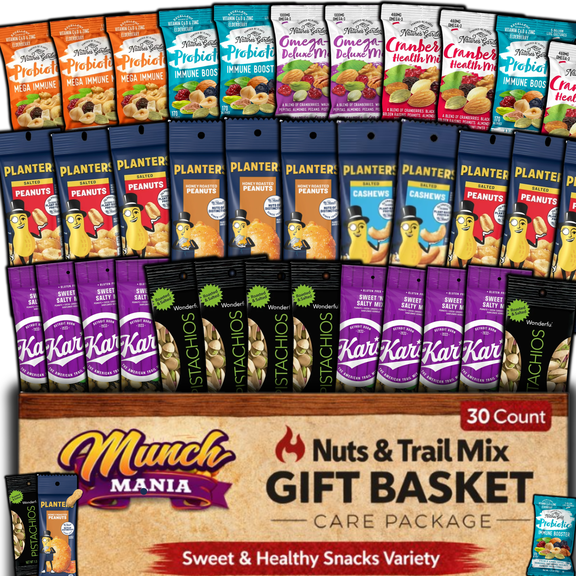Gift Basket Assortment | Individual Nuts Snack Packs, Trail Mix Individual Packs Bulk - 30 Packs Mix Nuts Kit - Salted Cashews, Roasted & Unsalted Almonds - Healthy Snacks Care Package Gift