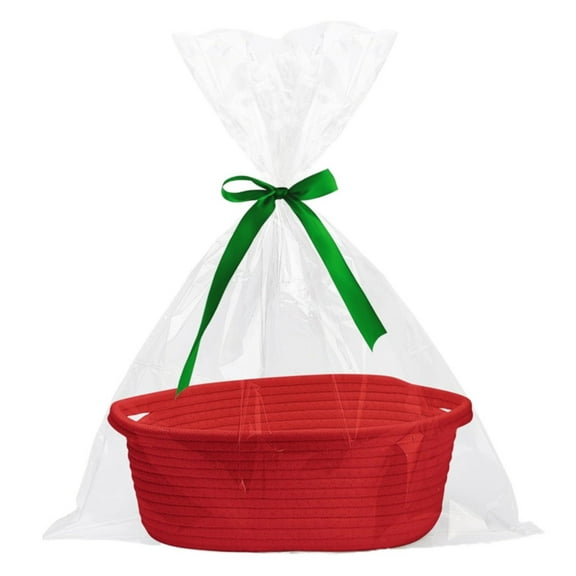 Gift Basket, Cute & Woven Cotton Rope, Small Storage Basket with Handle and Ribbon, Decorative Organizer for Toys Nursery Shelf, 1Pcs (Red)