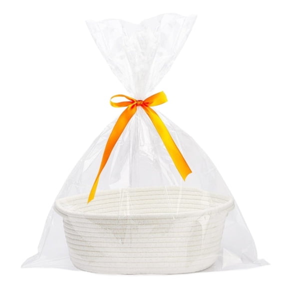 Gift Basket, Cute & Woven Cotton Rope, Small Storage Basket with Handle and Ribbon, Decorative Organizer for Toys Nursery Shelf (1Pcs) White
