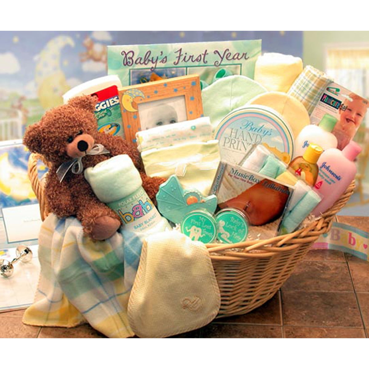 Deluxe Welcome Home Precious Baby Basket - Large Yellow, Teal