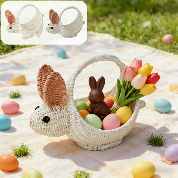 Gift Basket With Handle Imitation Rattan Woven Small Flower Basket Storage Basket Fruit Picking Picnic Basket Rabbits Shaped Carrying Basket Blahzhy | White