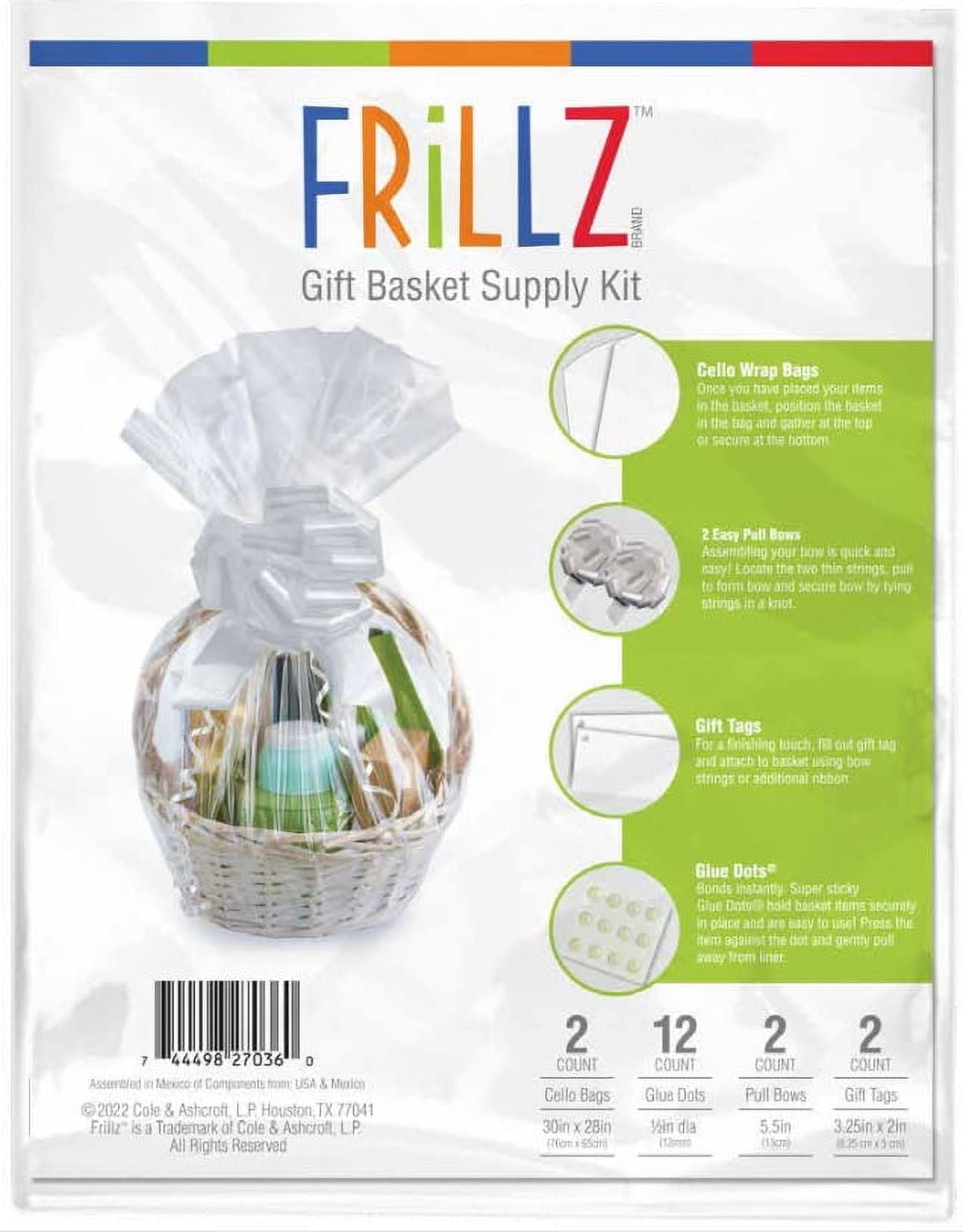 Gift Basket Supply Kit, Create a Basket Essentials, 1 Each, 2 Silk Ribbon  Bows, 2 White Gift tags, 2 Clear Bags Great for Celebratory Occasions or  any Party 