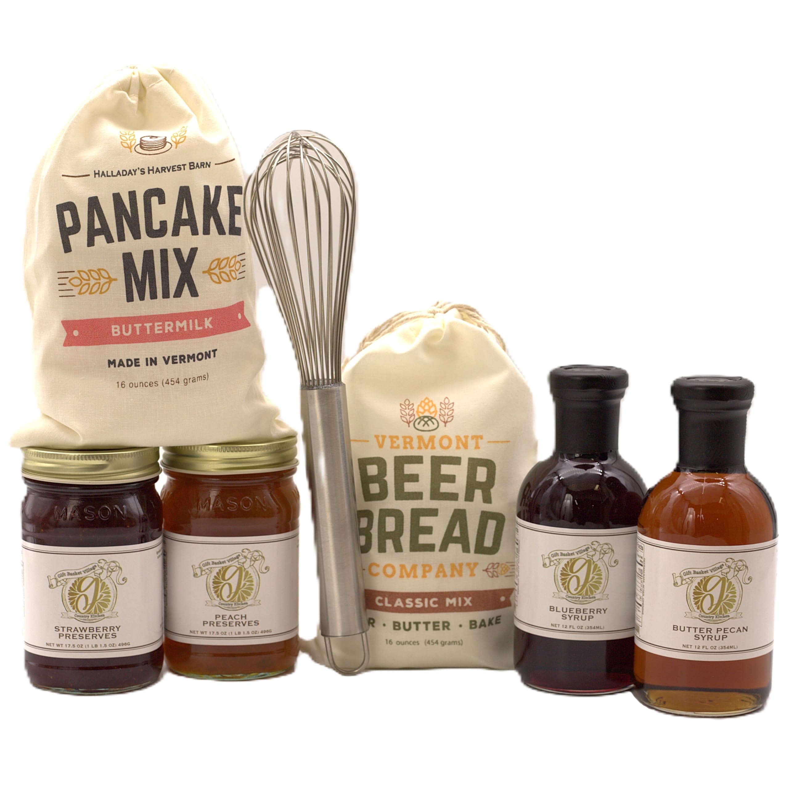 Gift Basket Village Breakfast Gift Set Pancake and Beer Bread Mixes with Blueberry Syrup, Butter Pecan Syrup, Whisk, and Assorted Gourmet Preserves Perfect Pancake Gift Set with Mix