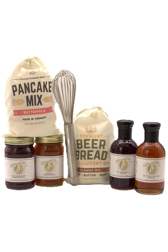 Breakfast Gift Set Pancake and Beer Bread Mixes with Blueberry Syrup, Butter Pecan Syrup, Whisk, and Assorted Gourmet Preserves Perfect Pancake Gift Set with Mix