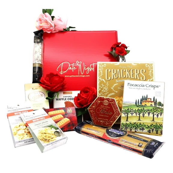 Gift Basket Village Date Night Gourmet Gift Box Includes Premium Pasta, Gourmet Sauce Mixes, Crackers, Cheese Spread, and Cookies Perfect for Valentine's Day, Anniversaries, or Romantic Gifts