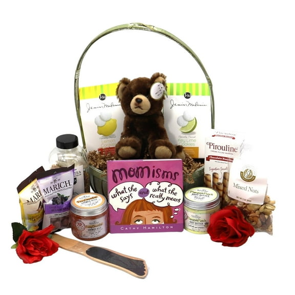 Gift Basket Village Happy Mother's Day Gift Basket – Plush Bear, Cookies, Skincare & Gourmet Treats
