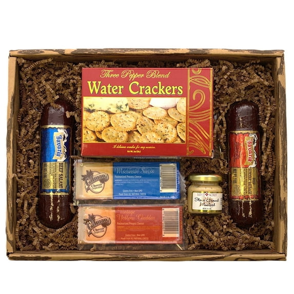 Gift Basket Village Meat and Cheese Gift Set - Summer Sausage, Salami, Cheese Bars, Crackers, and Mustard - Gourmet Charcuterie Gift Set for Holidays, Christmas, and Thanksgiving