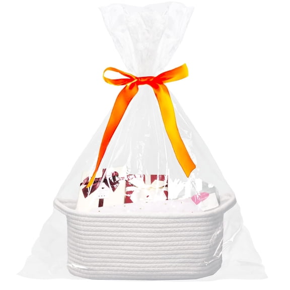 Gift Basket for Mother's Day, with Gift Bags and Ribbons, 12X 8 X 5 Inch Empty Basket for Gifts, Small Cotton Rope Basket, White
