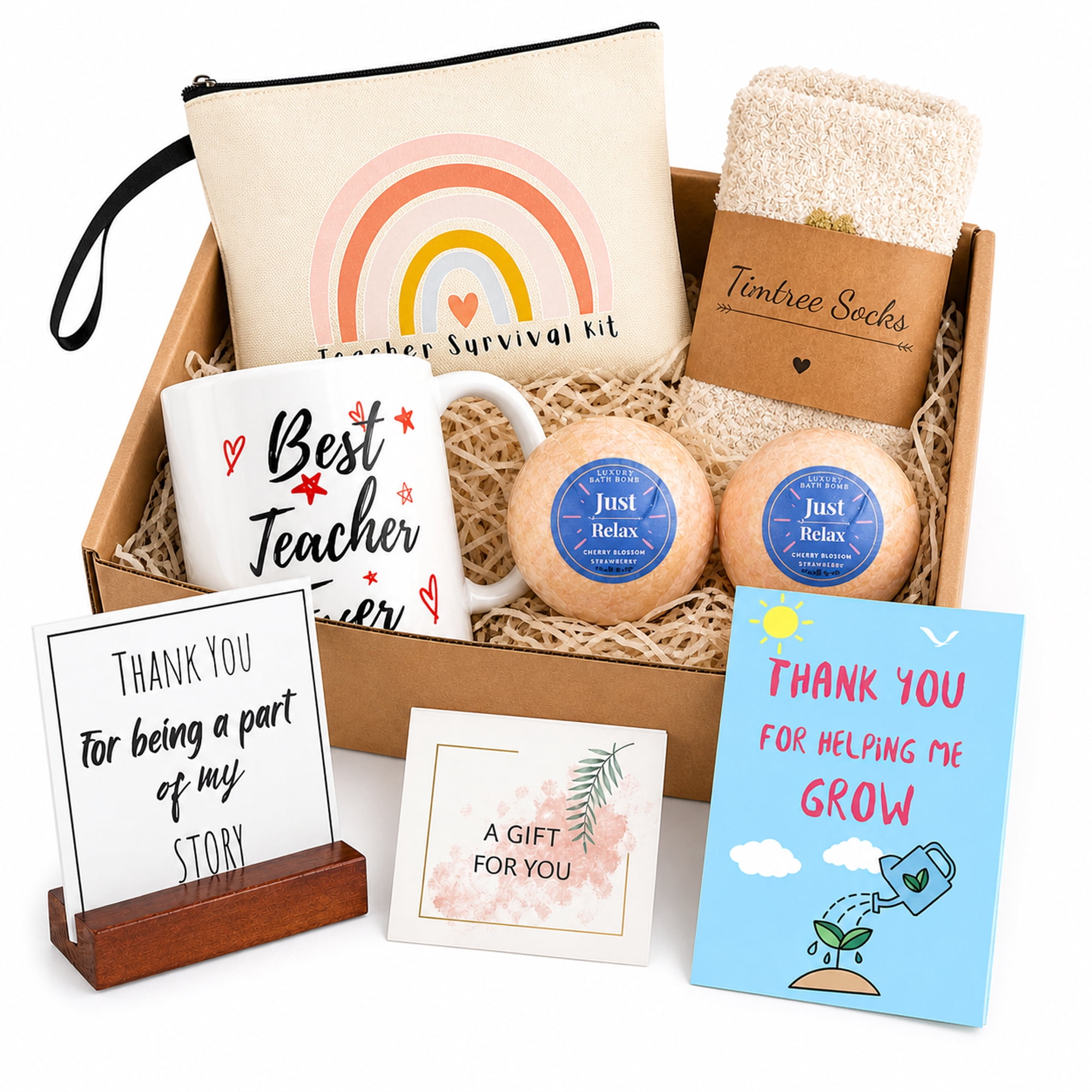 Teacher Appreciation Gift Basket Set, 6-Piece Thank You Gift Box with Travel Mug, Cozy Socks, Bath Bombs, Card & Gift Bag