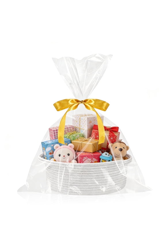 Gift Basket with Bags and Ribbons- Empty Woven Burr Basket with Handles for Storage Organizer Easter Christmas Valentine's Birthday Gift