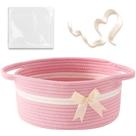 Gift Baskets Empty, Small Woven Rope Storage Basket with Bow and Ribbons and Gift Bags, Bowknot Decorative Baby Gift Basket for Toys, Kids & Baby Toys Basket with Handles, Pink