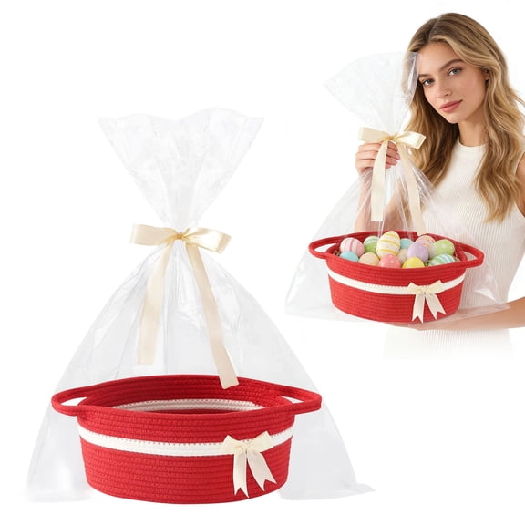 Gift Baskets Empty, Small Woven Rope Storage Basket with Bow and Ribbons and Gift Bags, Bowknot Decorative Gift Basket for Toys, Cats & Dogs Toys Basket with Handles,Red