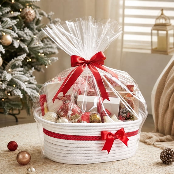 Gift Baskets Empty, Small Woven Rope Storage Basket with Bow and Ribbons and Gift Wrap, Bowknot Decorative Gifts Basket with Handles, DIY Storage Organizer Basket for Wedding Graduation