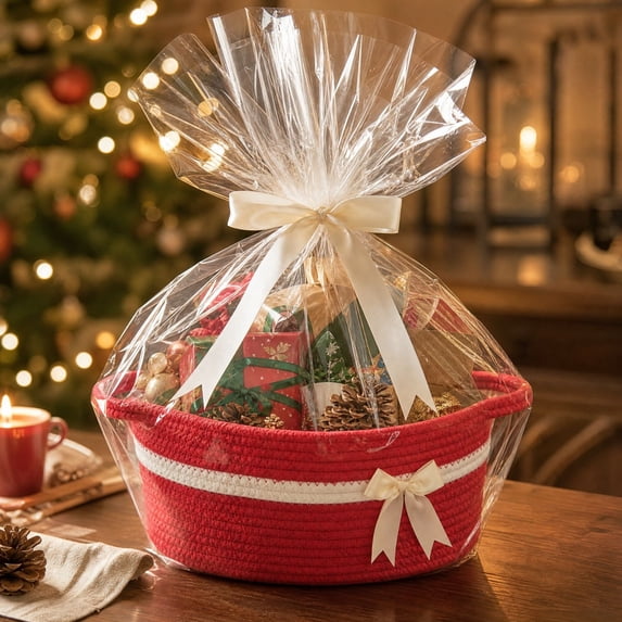 Gift Baskets Empty, Small Woven Rope Storage Basket with Bow and Ribbons and Gift Wrap, Bowknot Decorative Gifts Basket with Handles, DIY Storage Organizer Basket for Wedding Graduation
