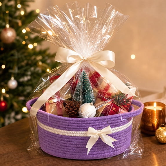 Gift Baskets Empty, Small Woven Rope Storage Basket with Bow and Ribbons and Gift Wrap, Bowknot Decorative Gifts Basket with Handles, DIY Storage Organizer Basket for Wedding Graduation