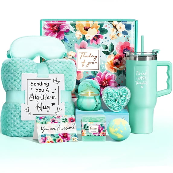 Gift Baskets for Women, 11 Pcs Ocean Relaxing Spa Gift Basket - Care Package w/ Luxury Flannel Blanket 40 oz Tumbler, Beauty Spa Birthday Mother's Day Gifts for Mom Her Wife Sister, Green