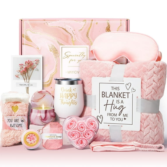 Gift Baskets for Women, 11 Pcs Self Care Gifts Get Well Soon Gifts, Rose Relaxing Spa Bath Gifts Sets w/ Luxury Flannel Blanket, Mothers Day Gifts for Mom Her Wife Friends Sister Wife