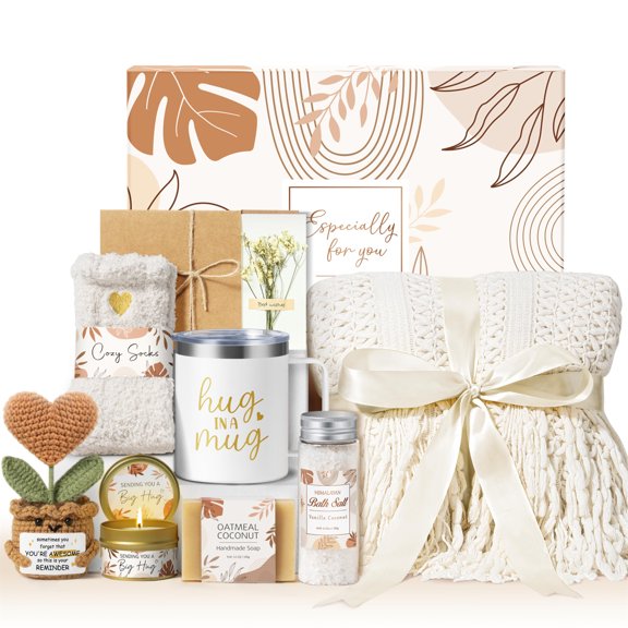 Gift Baskets for Women, 9 Pcs Self Care Package Get Well Soon Gift Baskets with Knitted Tassel Blanket, Sympathy Gift Basket Spa Thinking of You Gift Set, Unique Mothers Day Birthday Gifts for Her