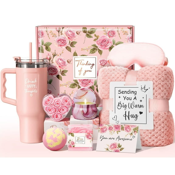 Gift Baskets for Women, Self Care Gifts Get Well Soon Gifts, Rose Relaxing Spa Gifts Basket Care Package w/ Luxury Flannel Blanket 40 oz Tumbler, Christmas Gifts for Mom Wife Her Girlfriend Sister
