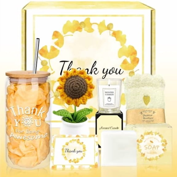 Gift Baskets for Women, Thank You Gifts for Women, Appreciation Gifts for Teachers, Coworker, Employee, Boss, Nurse, Retirement Gift for Woman, Employee Appreciation Box with Crochet Sunflower