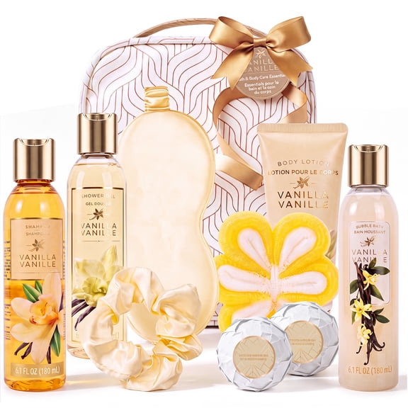 Christmas Day Gift Baskets for Women, 10 Pcs Vanilla Bath Set Birthday Gifts for Women with Travel Toiletry Bag, Elegant Self Care Gifts for Her