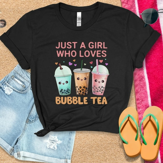 Gift for Boba Lover, Boba Tea T-Shirt, Kawaii Cat Boba Shirt, Bubble Tea Lover Gift, Milk Tea Shirt, Just a Girl Who Loves Boba Tea Shirt (Colors:Black; Sizes:XL;)