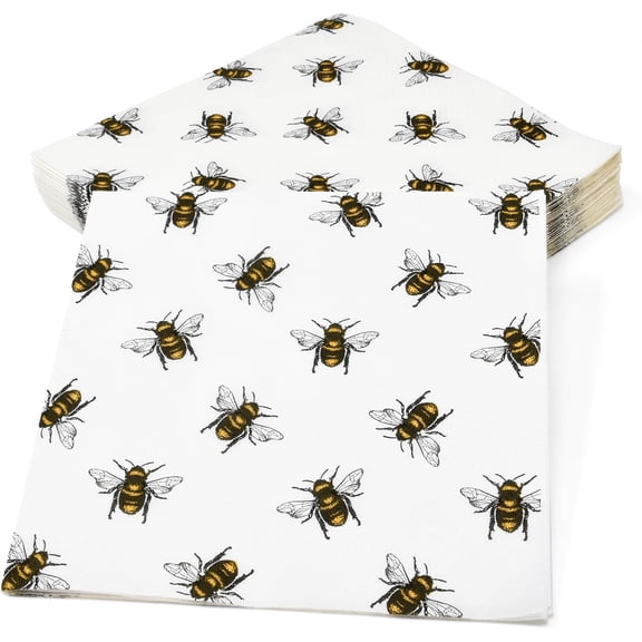 Gift Boutique Bee Cocktail Napkins, 100 Count 3-Ply Disposable Paper Beverage Napkins, Bumble Bee Design, 5x5 Folded, Spring Party Tableware