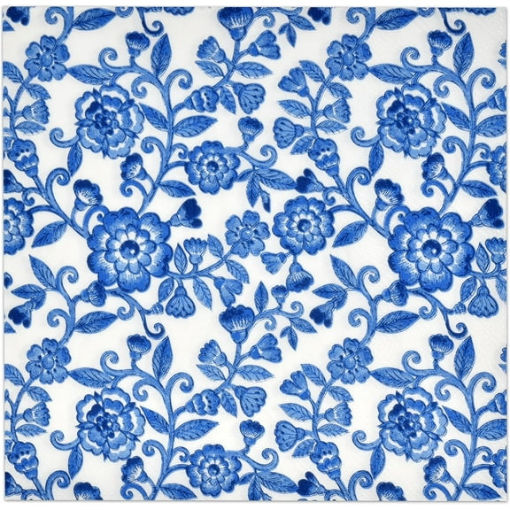 Gift Boutique 100 Blue Floral Luncheon Napkins Disposable Paper Napkin Blue and White Flowers Design