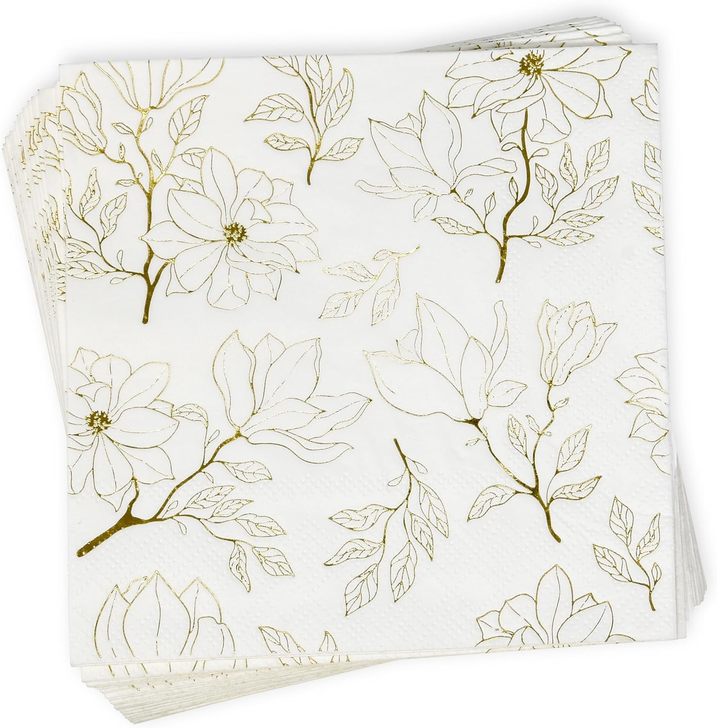 Gift Boutique - 100 Floral Cocktail Beverage Napkins Gold & White Disposable Paper Spring Flowers Dessert Napkin for Wedding Birthday Party Bridal & Baby Shower, Tableware Party Supplies Decorations