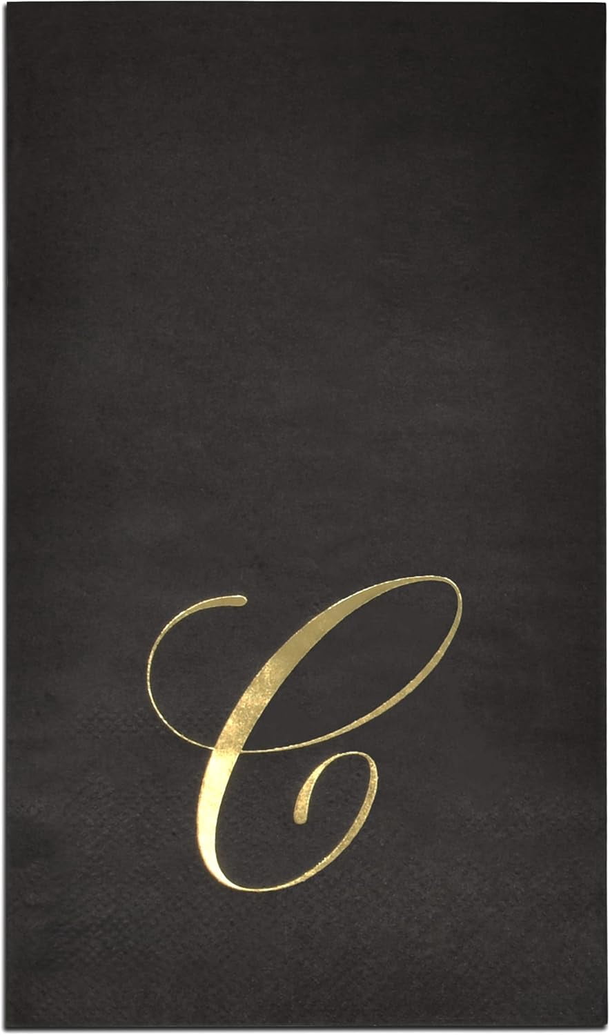 Gift Boutique 100 Gold Foil Monogram Guest Napkins Letter C on Black, Disposable Elegant Dinner Hand Towels for Bathroom & Special Events