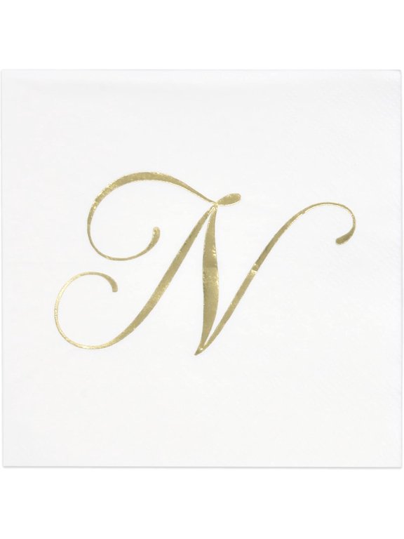 100 Gold Monogram Cocktail Napkins Letter N