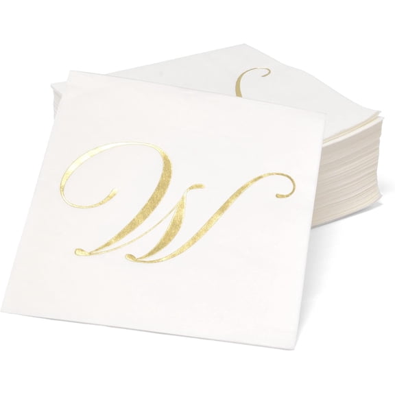 Gift Boutique Monogram Cocktail Napkins Letter M, 100 Count 2-Ply Disposable Paper Napkins, White with Gold Foil, 5x5 Folded for Parties & Events